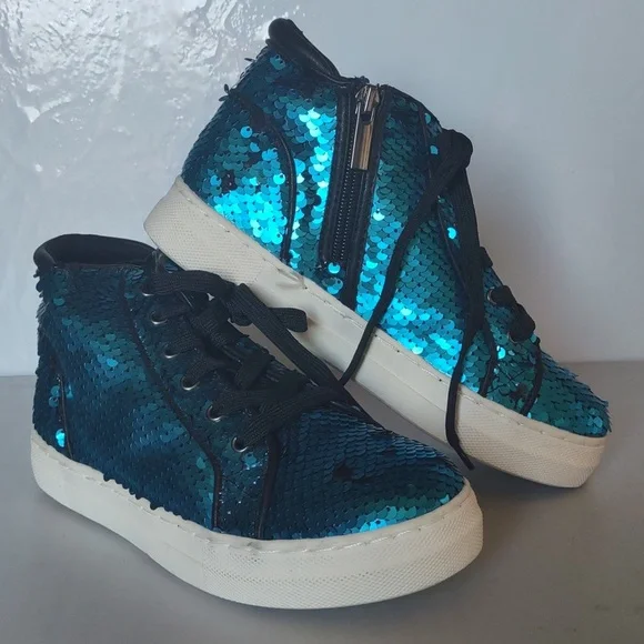 KidPik Reverse Sequin High Top Sneaker size 3 Blue Black - Picture 7 of 7